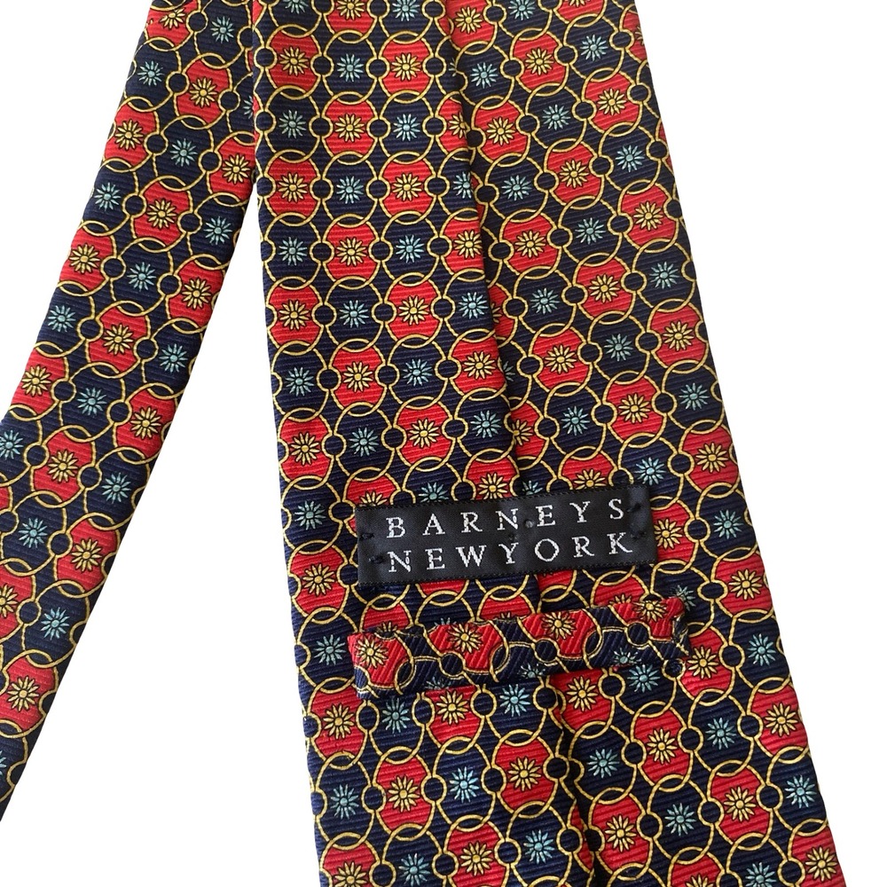 Barneys New York Mens Silk Tie Red Navy Blue Geometric Medallion Italy Made USA